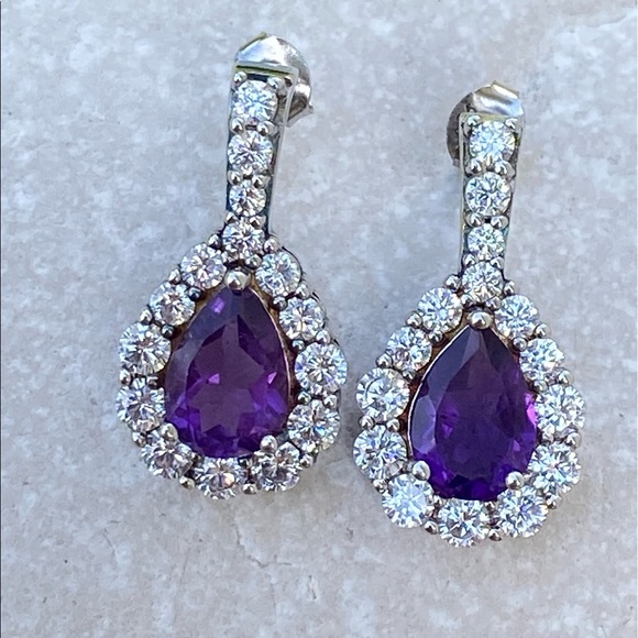 Amethyst .925 Sterling Silver earrings surrounded with white Cz - Picture 1 of 9